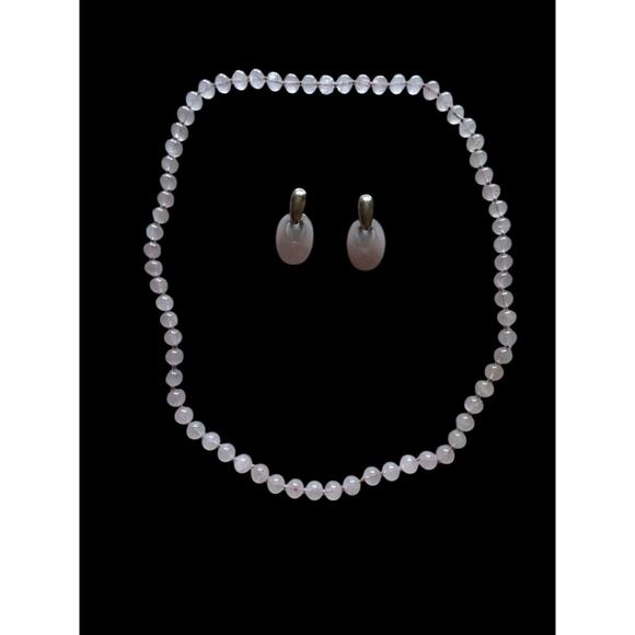 Rose Quartz Necklace Pierced Earrings Set Vintage Knotted Bead Pink Silver Tone - Picture 5 of 6